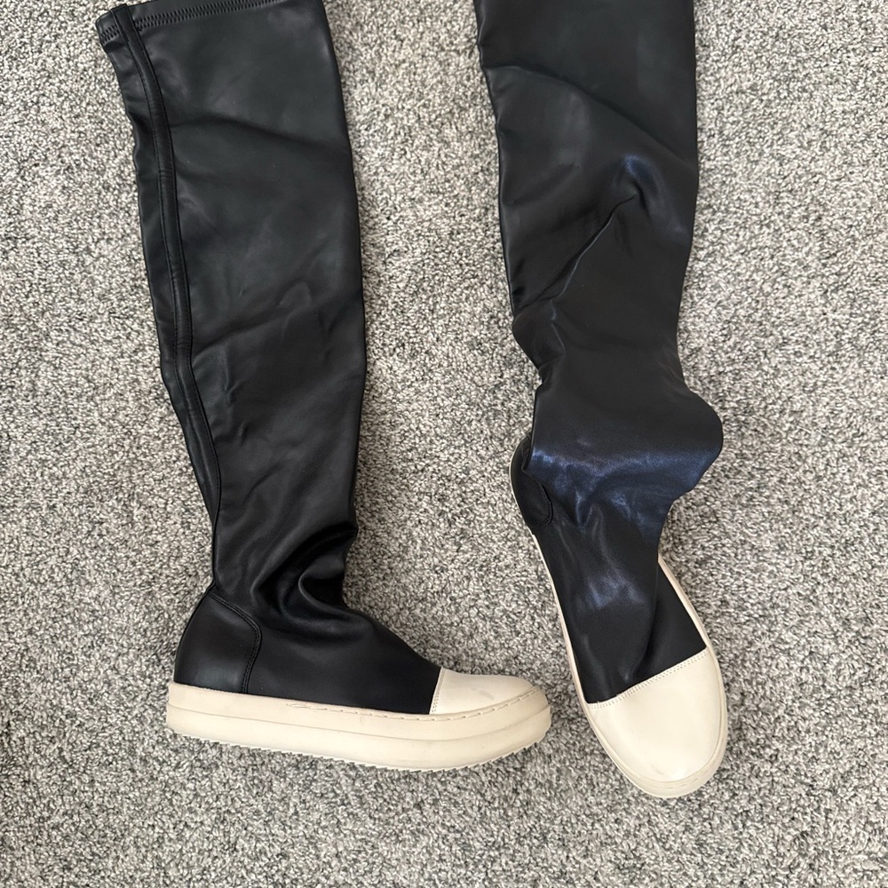 Black and Cream Over-the-Knee Leather Boots - Women's